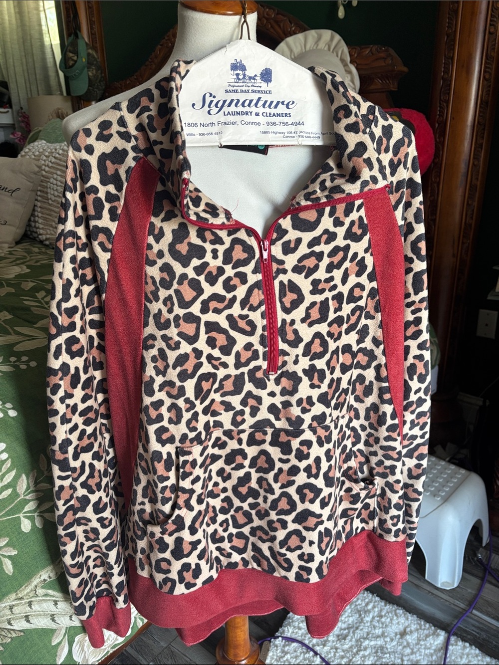 Sterling Kreek Leopard Print Half-Zip Pullover Sweater with Red Accents
